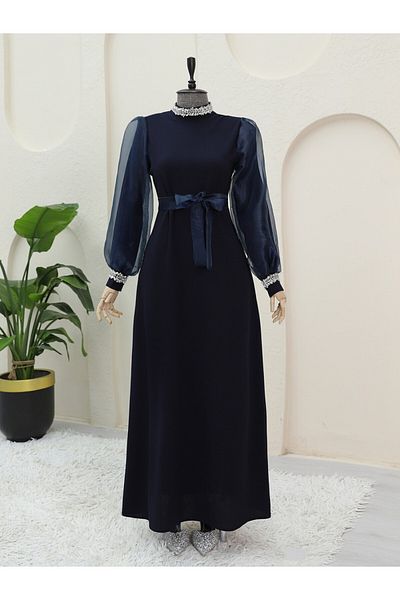 Modamorfo Organza Sleeve Dress with Stone Detail - Waist Lace, Laci