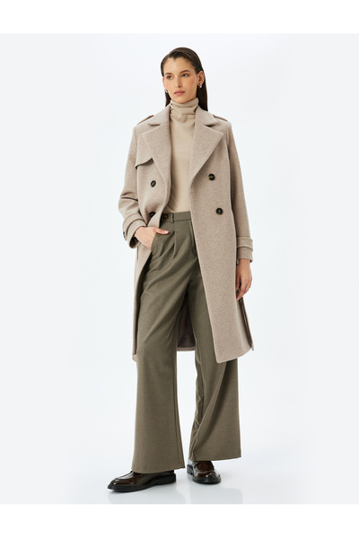 Koton Ζώνη Λεπτομερές παλτό με διπλό γιακά μακρύ κασμίρ