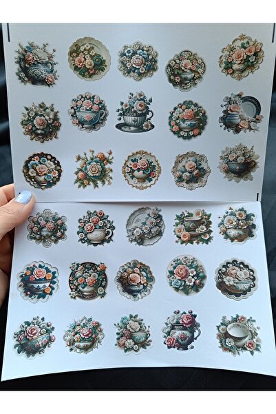 Pink Swan Craft Vintage Çiçekli Çin Porselenleri Etiket Seti, Bullet Journal, Planlayıcı Stickers