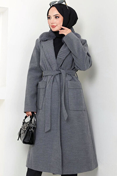 Naliru Büyük Geniş Cepli Nervür Dikiş Detaylı Yakası Çıkarılabilir Kürklü Mid...