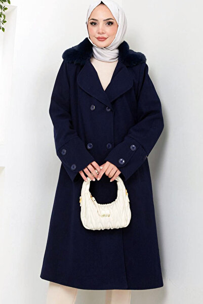 Vivika Diz Altı Midi Boy Rahat Kalıp Yakası Kürklü Çift Fileto Cepli Düğmeli ...