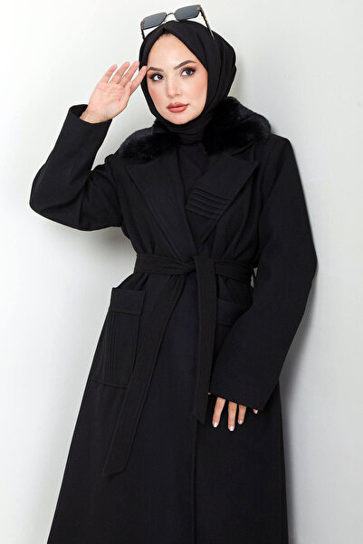 Naliru Büyük Geniş Cepli Nervür Dikiş Detaylı Yakası Çıkarılabilir Kürklü Mid...