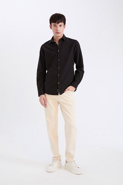 DeFacto Slim Fit Slim Fit βαμβακερό Basic μακρυμάνικο μαύρο πουκάμισο A4644ax24au