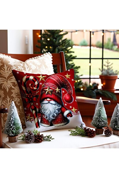 Hayal Dekoratif Újévi témájú piros háttér törpe mintás készlet 6 db digitális nyomtatott ajándék párnahuzatból