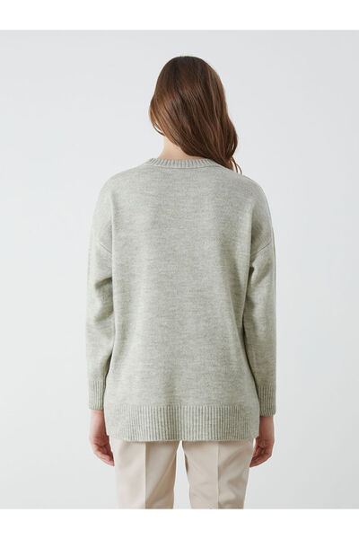 LC Waikiki Modest Green Crew Neck Floral Embroidered Women's Knitwear Tunic