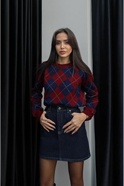 Havoş Pulover albastru bleumarin roșu claret Haley cu model diamantat