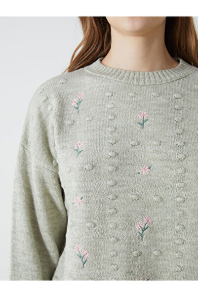 LC Waikiki Modest Green Crew Neck Floral Embroidered Women's Knitwear Tunic