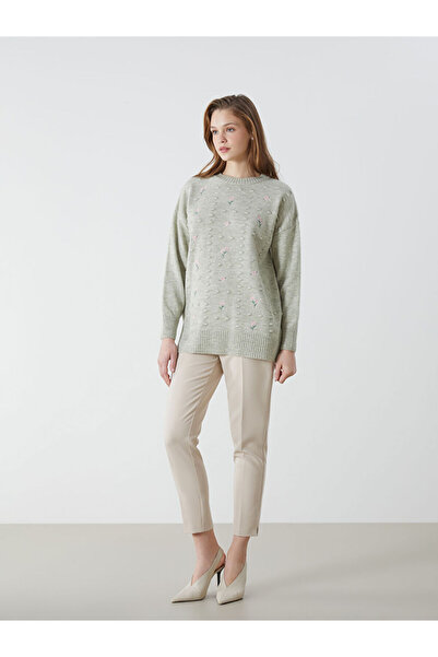 LC Waikiki Modest Green Crew Neck Floral Embroidered Women's Knitwear Tunic