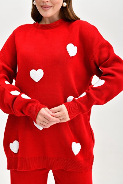 vuvutasarım Heart Print Low Sleeve Sweater and High Waist Pants Bottom Top Red Knitwear Set 3114