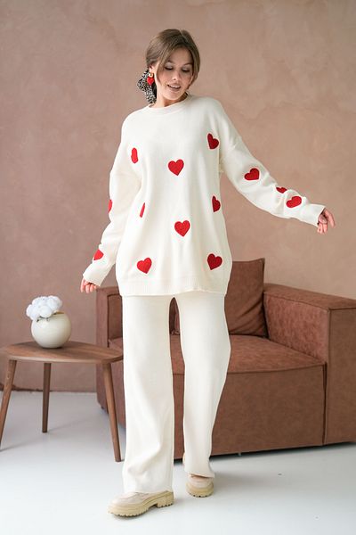 WOMAN VISION Low Sleeve Crew Neck Heart Print Sweatshirt and High Waist Pants Bottom Top Ecru Knitwear Suit 3114