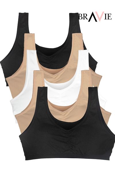 Bravie Girls' Cotton Bustiers - Wide Strap, Soft Sponge, 5 Pack, 2 Black- 2 Skin- 1 White