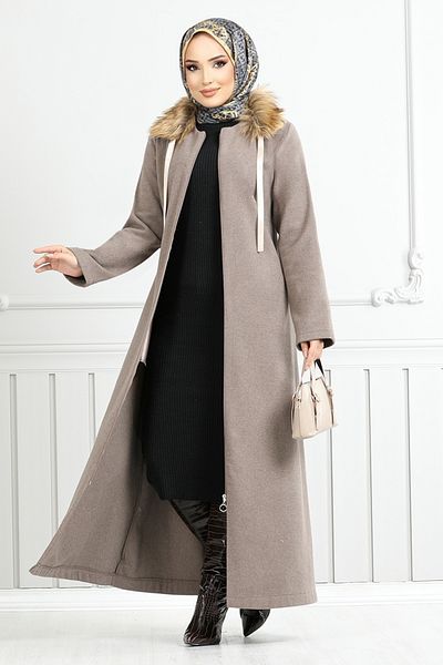 ModaMerve Front Zip Fur Coat 2060Bgs895-M Vision