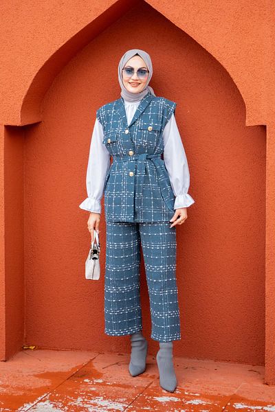 Tesettür Çarşım Blue Tweed Vest and Trousers Set