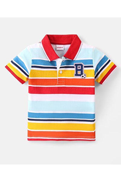 Babyhug Babyhug Cotton Knit Half Sleeves Striped with Text Graphics Polo T-Shirt - Multicolour