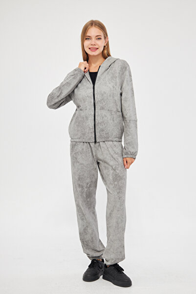 ESPİNA Kadın Asit Yıkama Efektli Batik Desen Önü Fermuarlı Etek Kol Lastikli Kapüşonlu Eşofman Takımı