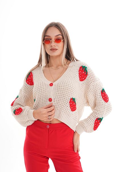 ŞİMAL Cardigan de damă tricotat cu nasturi cu model căpșuni 250341   -