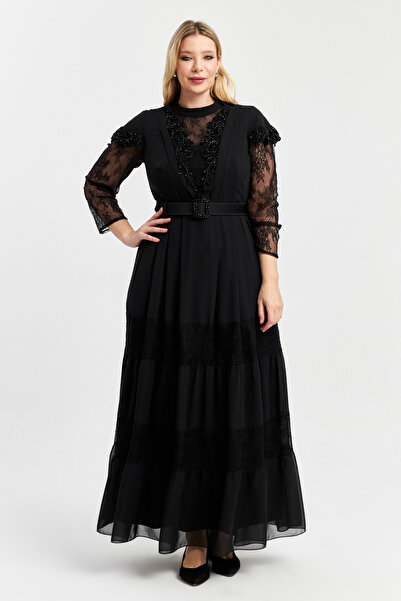 İnce İşleme  Dantel ve Kemer detaylı Abiye Uzun Büyük Beden Elbise