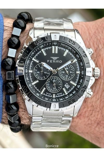 FERRO Brand Functions Active Steel Band, Silver Color, Black Dial Men's Wrist Watch Bracelet Gift