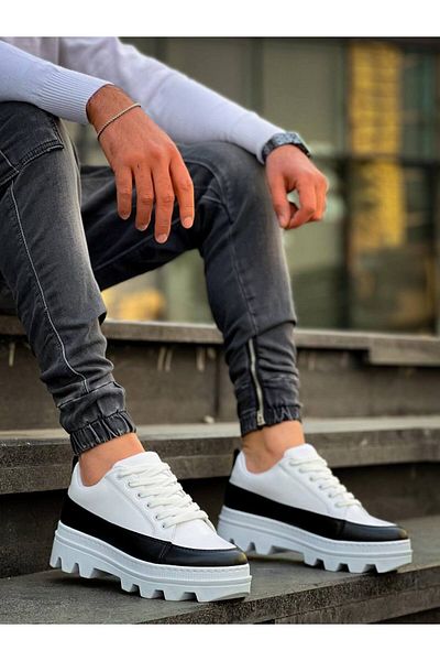 BOA Kb 056 Λευκά Μαύρα Λεπτομερή Λευκή Ψηλή Σόλα Casual Αθλητικά Παπούτσια