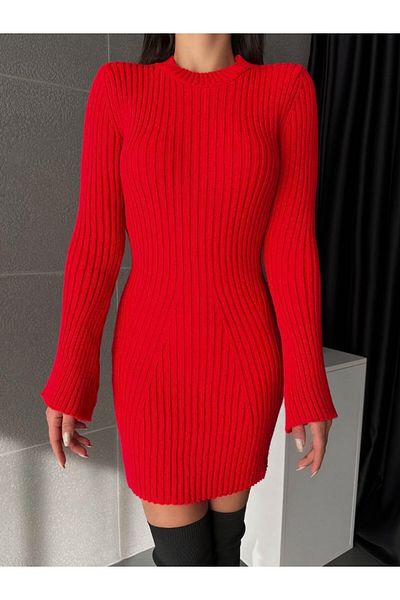 Modamorfo Spanish Sleeve Crew Neck Knitwear Dress -Red