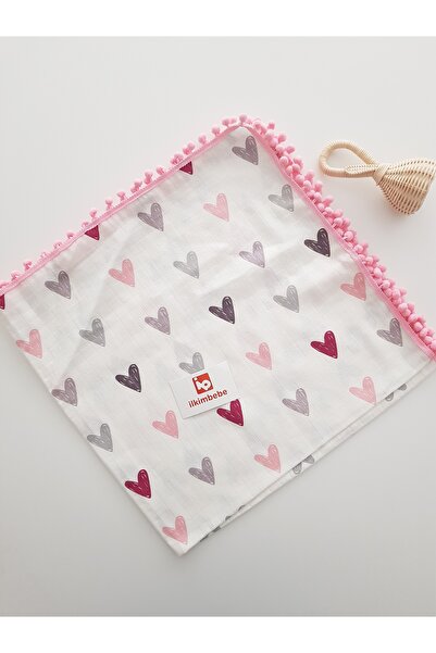 ilkimbebe 85X90 Heart Cloud Pompom Muslin Baby Blanket - 100% Cotton Single Layer