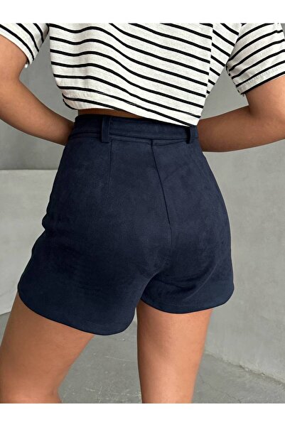 AtegeWear TREND KEMERLİ LACİVERT SÜET ŞORT ETEK