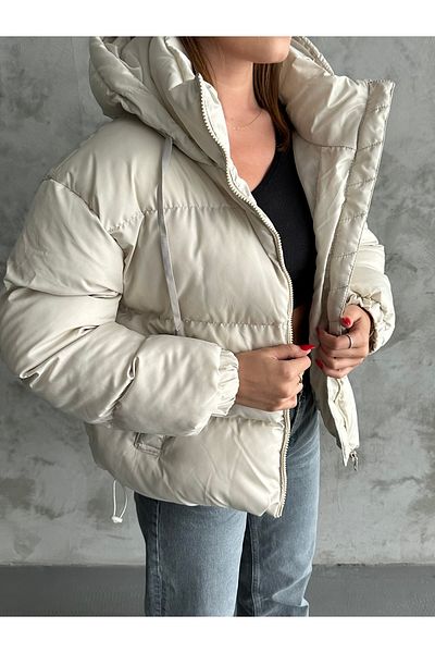bm bessomoda fashion boutique Women's Beige Hooded Oversize Puffer Coat