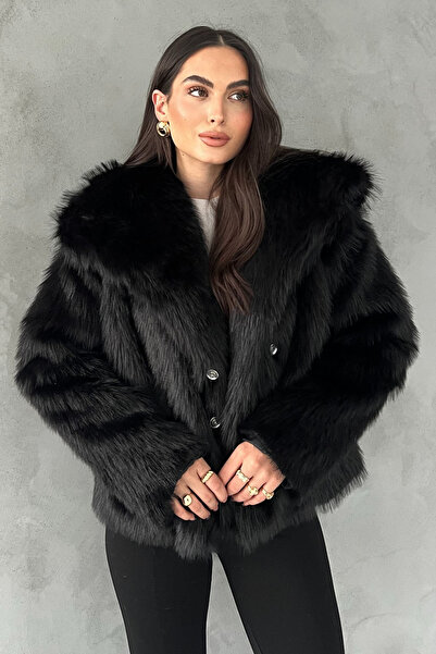 Seda Yalçın Atelier Jachetă neagră scurtă din blană artificială