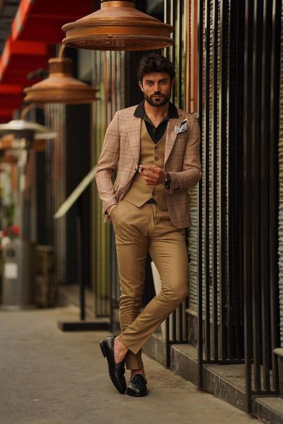 Guild Fermana Slim Fit barna kockás öltöny