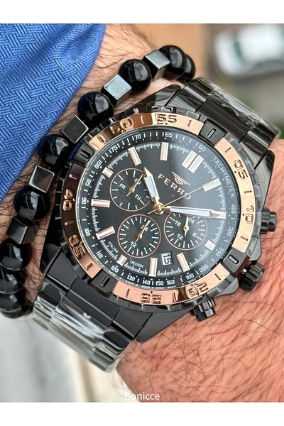 FERRO Brand Steel Band, Black Color, Black Dial Men's Wrist Watch + Bracelet Gift