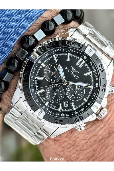 FERRO Brand Functions Active Steel Band, Silver Color, Black Dial Men's Wrist Watch Bracelet Gift