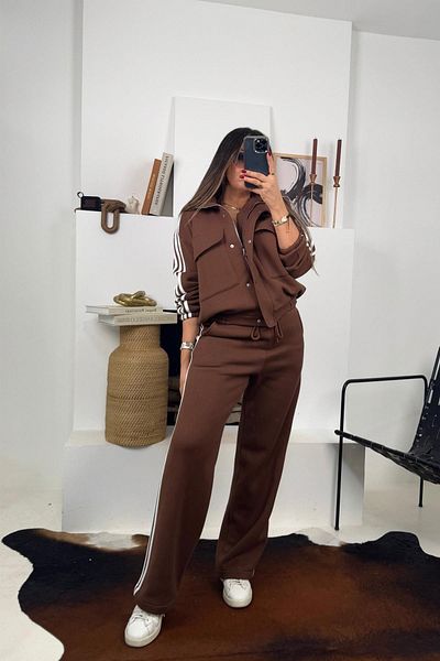 Sohotique By P Bitter Brown Turtleneck Stripe Tracksuit Set