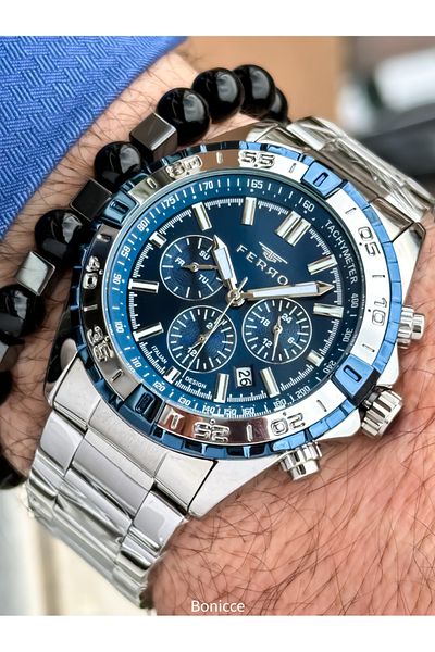 FERRO Brand Steel Band, Silver Color, Navy Blue Dial Men's Wrist Watch + Bracelet Gift