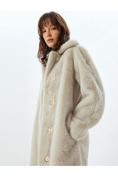 Koton Long Plush Coat with Snap Button Pocket