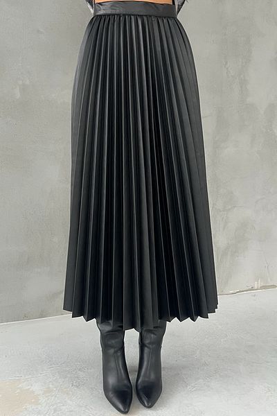 Seda Yalçın Atelier Black Pleated Midi Leather Skirt