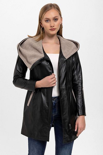Deriderim Black Julia Knitwear Hooded Belt Genuine Women's Leather Coat