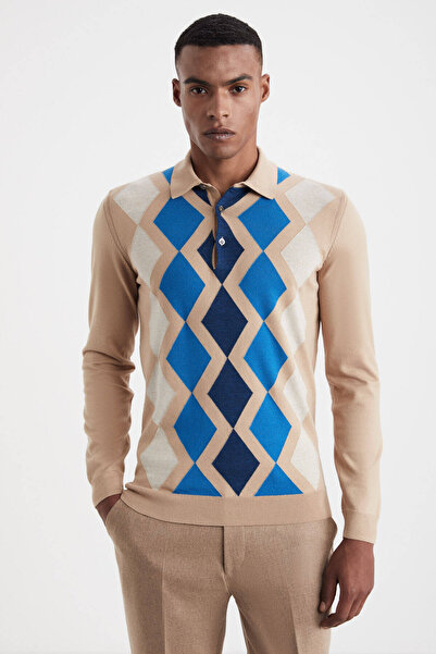 Hemington Kaşmir Karışım Camel Baklava Desen Polo Yaka Kazak