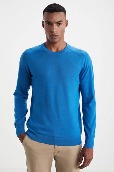 Hemington Slim Fit Crew Neck Blue Merino Wool Sweater