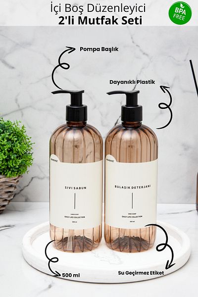 homence Dishwashing Detergent and Liquid Soap Labeled Pump Plastic Bottle Set of 2 Light Brown 500 ml