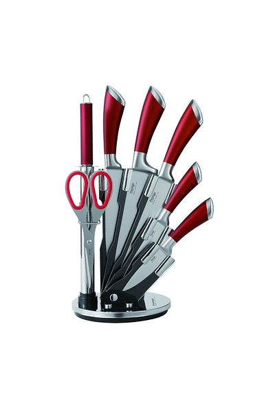 Prestige 8-piece knife set with acrylic stand |  laser-cut rust-free stainless steel blade ( RED )
