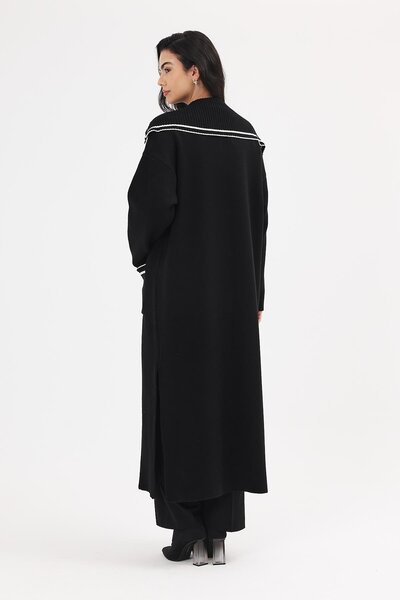 Uludağ Triko Women's Black V-Neck Striped Shoulder Detailed Buttoned Knitwear Long Cardigan