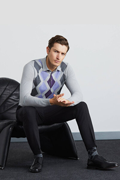 Hemington Kaşmir Karışım Gri Baklava Desen Polo Yaka Kazak