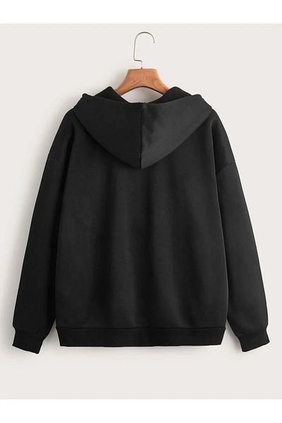 pandy Black Vertical Printed Unisex Hooded Kangaroo Pocket Oversize Seasonal Zippered Sweatshirt / Cardigan