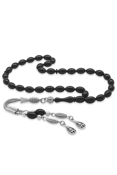Tesbihane Non-Tarnish Metal Water Drop Tasseled Barley Cut Black Clamping Amber Prayer Beads