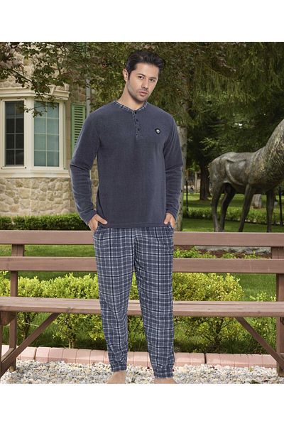 MEBA Men's Lapel Buttoned Long Sleeve Winter Smoked Men's Fleece Pajamas Set