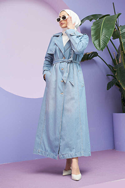 Neways 6458-Allerli Denim Trençkot Mavi