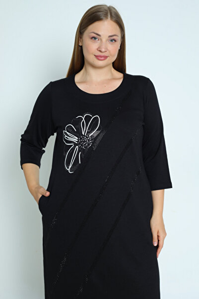 İntensive kadın siyah  taş detaylı cepli truvakar kollu pamuklu büyük beden elbise