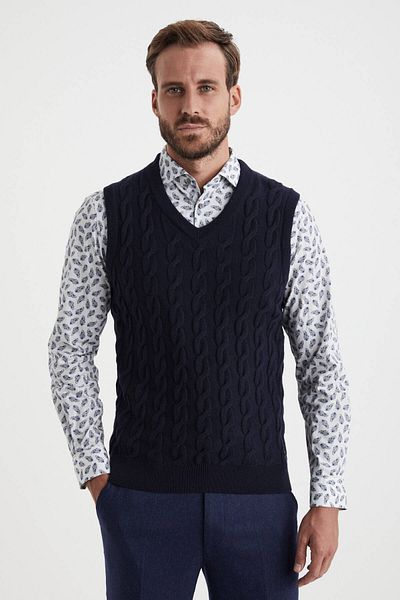 Hemington Knitted Patterned Navy Blue Lambswool Wool Sweater