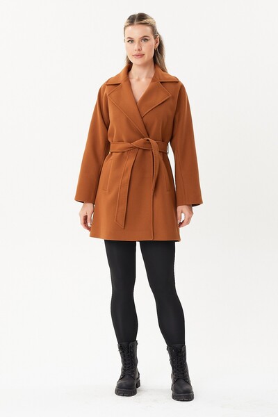 AGSPARK Ceket Yaka Ön Cıtcıt Kapama Detaylı Belden Bağlama Kemerli Kaban