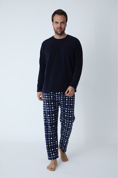 PİJAMOOD Σετ ανδρικές πιτζάμες φλις καρό Navy Blue
